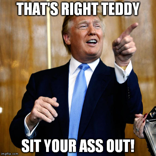 They see me Trumpin' and they just be hatin' | THAT'S RIGHT TEDDY; SIT YOUR ASS OUT! | image tagged in donald trump,memes | made w/ Imgflip meme maker