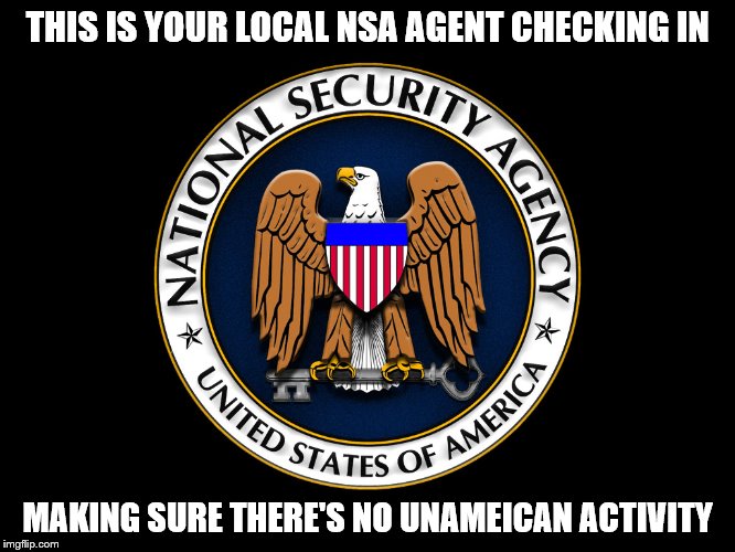 THIS IS YOUR LOCAL NSA AGENT CHECKING IN MAKING SURE THERE'S NO UNAMEICAN ACTIVITY | made w/ Imgflip meme maker