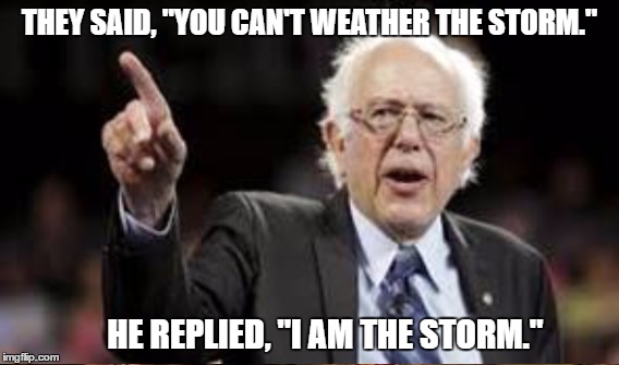 Feel the Storm   | THEY SAID, "YOU CAN'T WEATHER THE STORM."; HE REPLIED, "I AM THE STORM." | image tagged in bernie sanders,revolution | made w/ Imgflip meme maker