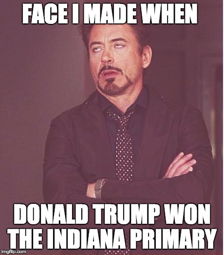 Face You Make Robert Downey Jr | FACE I MADE WHEN; DONALD TRUMP WON THE INDIANA PRIMARY | image tagged in memes,face you make robert downey jr,funny memes,political,seriously,donald trump | made w/ Imgflip meme maker