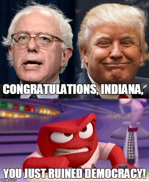 Ode to Indiana Primaries | CONGRATULATIONS, INDIANA, YOU JUST RUINED DEMOCRACY! | image tagged in politics,indiana,primaries | made w/ Imgflip meme maker