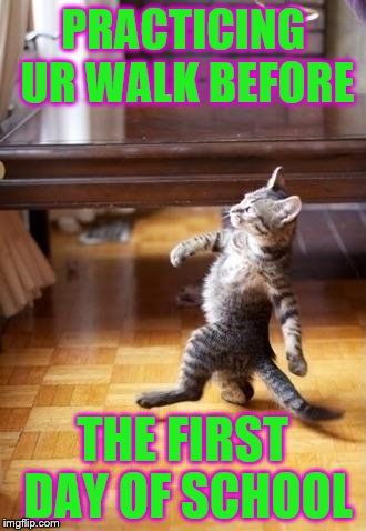 Cool Cat Stroll Meme | PRACTICING UR WALK BEFORE; THE FIRST DAY OF SCHOOL | image tagged in memes,cool cat stroll | made w/ Imgflip meme maker