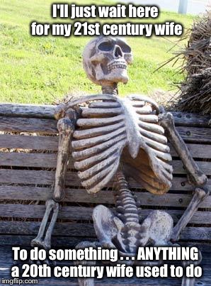 Times have changed | I'll just wait here for my 21st century wife; To do something . . . ANYTHING a 20th century wife used to do | image tagged in memes,waiting skeleton,wife,21st century,do it yourself | made w/ Imgflip meme maker