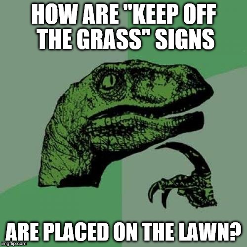 Philosoraptor | HOW ARE "KEEP OFF THE GRASS" SIGNS; ARE PLACED ON THE LAWN? | image tagged in memes,philosoraptor | made w/ Imgflip meme maker