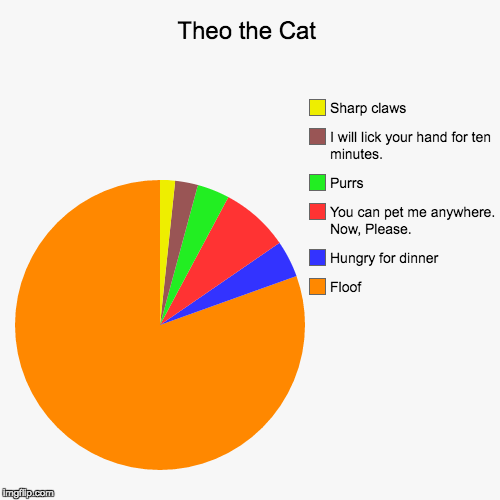 Theo the Cat | Floof, Hungry for dinner, You can pet me anywhere. Now, Please., Purrs, I will lick your hand for ten minutes., Sharp claws | image tagged in funny,pie charts | made w/ Imgflip chart maker