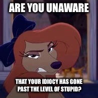 Are You Unaware That Your Idiocy Has Gone Past The Level Of Stupid? | ARE YOU UNAWARE; THAT YOUR IDIOCY HAS GONE PAST THE LEVEL OF STUPID? | image tagged in dixie,memes,disney,the fox and the hound 2,reba mcentire,dog | made w/ Imgflip meme maker