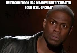 Kevin Hart | WHEN SOMEBODY HAS CLEARLY UNDERESTIMATED YOUR LEVEL OF CRAZY | image tagged in memes,kevin hart the hell | made w/ Imgflip meme maker