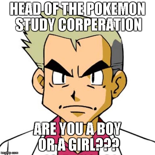 profesor oak |  HEAD OF THE POKEMON STUDY CORPERATION; ARE YOU A BOY OR A GIRL??? | image tagged in profesor oak,pokemon,study,gender | made w/ Imgflip meme maker