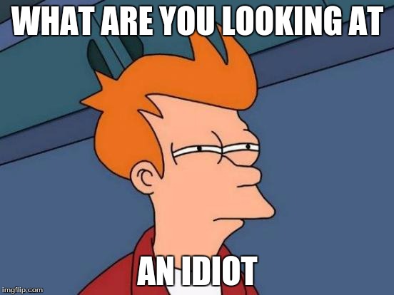 Futurama Fry Meme | WHAT ARE YOU LOOKING AT; AN IDIOT | image tagged in memes,futurama fry | made w/ Imgflip meme maker
