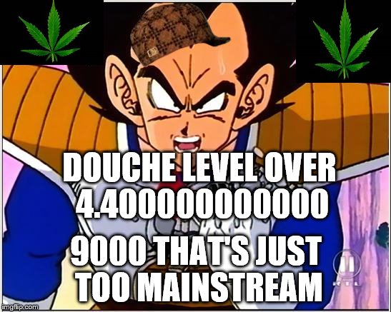 Vegeta over 9000 | DOUCHE LEVEL OVER 4.400000000000; 9000 THAT'S JUST TOO MAINSTREAM | image tagged in vegeta over 9000,scumbag | made w/ Imgflip meme maker