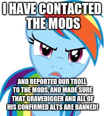 Angry Rainbow Dash | I HAVE CONTACTED THE MODS; AND REPORTED OUR TROLL TO THE MODS, AND MADE SURE THAT GRAVEDIGGER AND ALL OF HIS CONFIRMED ALTS ARE BANNED! | image tagged in angry rainbow dash | made w/ Imgflip meme maker