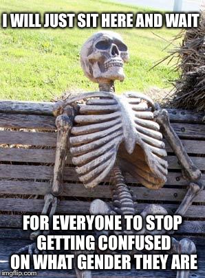 Waiting Skeleton | I WILL JUST SIT HERE AND WAIT; FOR EVERYONE TO STOP GETTING CONFUSED ON WHAT GENDER THEY ARE | image tagged in memes,waiting skeleton | made w/ Imgflip meme maker