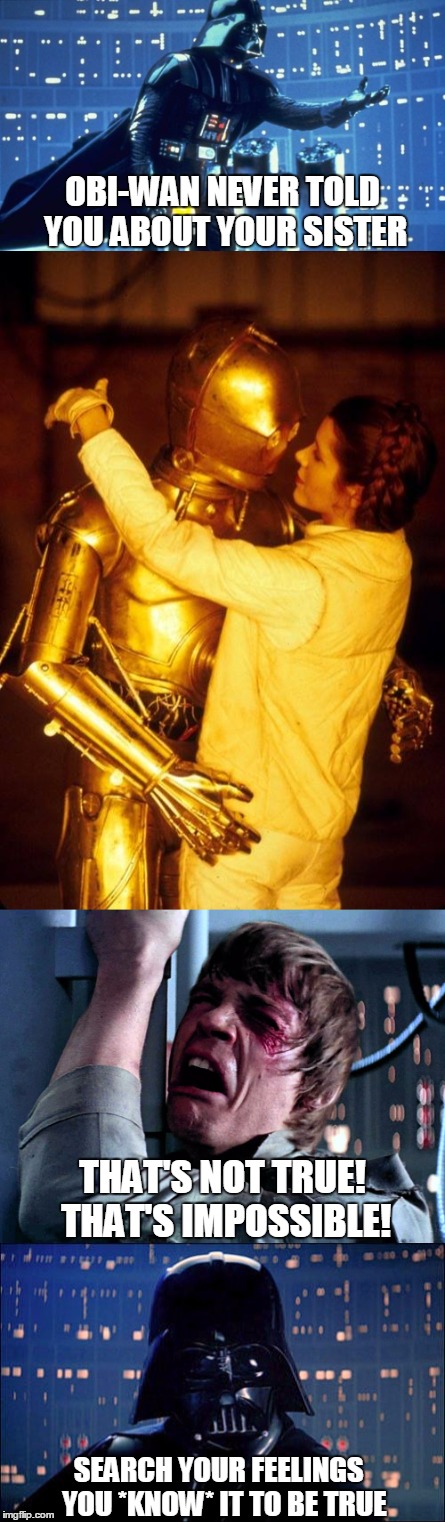 Leia & C3PO | OBI-WAN NEVER TOLD YOU ABOUT YOUR SISTER; THAT'S NOT TRUE! THAT'S IMPOSSIBLE! SEARCH YOUR FEELINGS
 YOU *KNOW* IT TO BE TRUE | image tagged in star wars,vader,luke,leia,c3po,luke nooooo | made w/ Imgflip meme maker