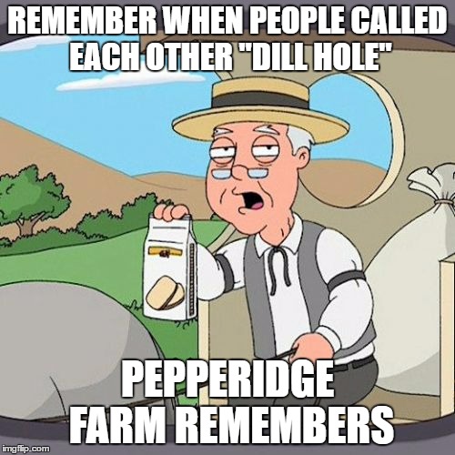 Weirdest part is I'm fourteen  | REMEMBER WHEN PEOPLE CALLED EACH OTHER "DILL HOLE"; PEPPERIDGE FARM REMEMBERS | image tagged in memes,pepperidge farm remembers | made w/ Imgflip meme maker