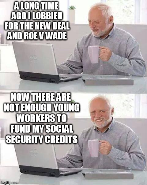 Job well done.  As always. | A LONG TIME AGO I LOBBIED FOR THE NEW DEAL AND ROE V WADE; NOW THERE ARE NOT ENOUGH YOUNG WORKERS TO FUND MY SOCIAL SECURITY CREDITS | image tagged in memes,hide the pain harold,liberal logic,political | made w/ Imgflip meme maker
