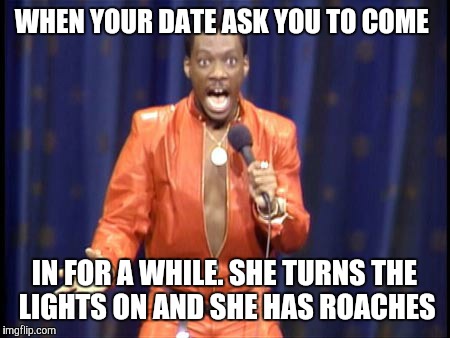 Eddie Murphy Ice Cream Man | WHEN YOUR DATE ASK YOU TO COME; IN FOR A WHILE. SHE TURNS THE LIGHTS ON AND SHE HAS ROACHES | image tagged in eddie murphy ice cream man | made w/ Imgflip meme maker