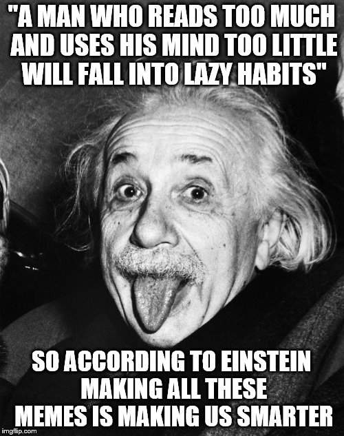"A MAN WHO READS TOO MUCH AND USES HIS MIND TOO LITTLE WILL FALL INTO LAZY HABITS" SO ACCORDING TO EINSTEIN MAKING ALL THESE MEMES IS MAKING | image tagged in einstein | made w/ Imgflip meme maker