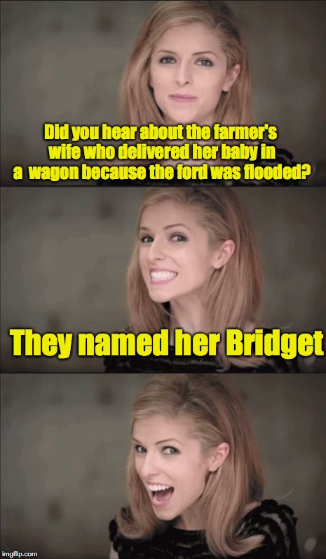 Oh the trials of rural life | Did you hear about the farmer's wife who delivered her baby in a  wagon because the ford was flooded? They named her Bridget | image tagged in memes,bad pun anna kendrick | made w/ Imgflip meme maker