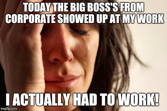 First World Problems | TODAY THE BIG BOSS'S FROM CORPORATE SHOWED UP AT MY WORK; I ACTUALLY HAD TO WORK! | image tagged in memes,first world problems | made w/ Imgflip meme maker