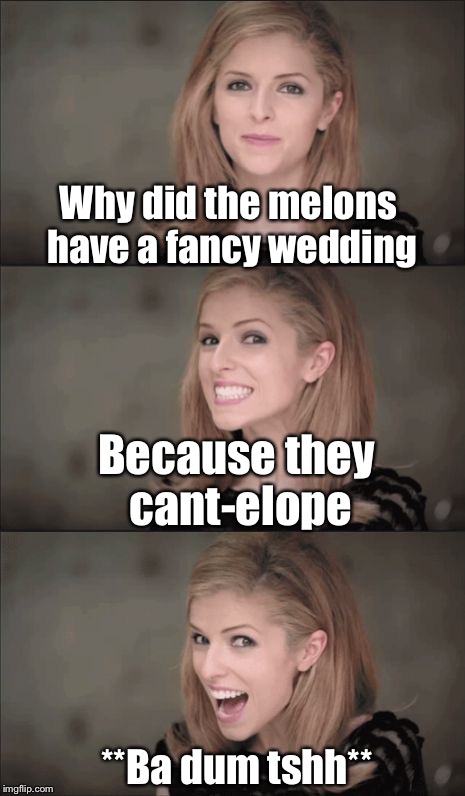There no pun like an old pun | Why did the melons have a fancy wedding; Because they cant-elope; **Ba dum tshh** | image tagged in memes,bad pun anna kendrick,wedding,puns,fruit,melon | made w/ Imgflip meme maker