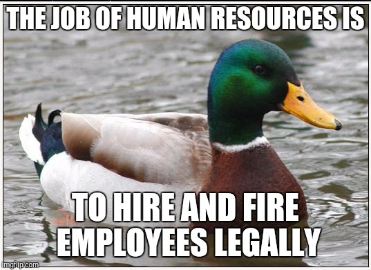 Actual Advice Mallard | THE JOB OF HUMAN RESOURCES IS; TO HIRE AND FIRE EMPLOYEES LEGALLY | image tagged in memes,actual advice mallard,AdviceAnimals | made w/ Imgflip meme maker