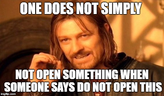 One Does Not Simply Meme | ONE DOES NOT SIMPLY; NOT OPEN SOMETHING WHEN SOMEONE SAYS DO NOT OPEN THIS | image tagged in memes,one does not simply | made w/ Imgflip meme maker