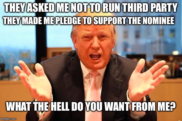 THEY ASKED ME NOT TO RUN THIRD PARTY THEY MADE ME PLEDGE TO SUPPORT THE NOMINEE WHAT THE HELL DO YOU WANT FROM ME? | made w/ Imgflip meme maker