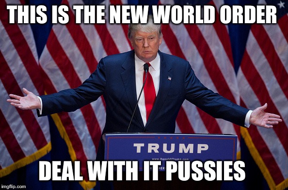 NWO 2016 | THIS IS THE NEW WORLD ORDER; DEAL WITH IT PUSSIES | image tagged in donald trump,new world order,political meme | made w/ Imgflip meme maker
