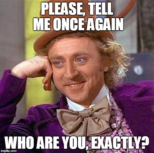 Creepy Condescending Wonka Meme | PLEASE, TELL ME ONCE AGAIN WHO ARE YOU, EXACTLY? | image tagged in memes,creepy condescending wonka | made w/ Imgflip meme maker