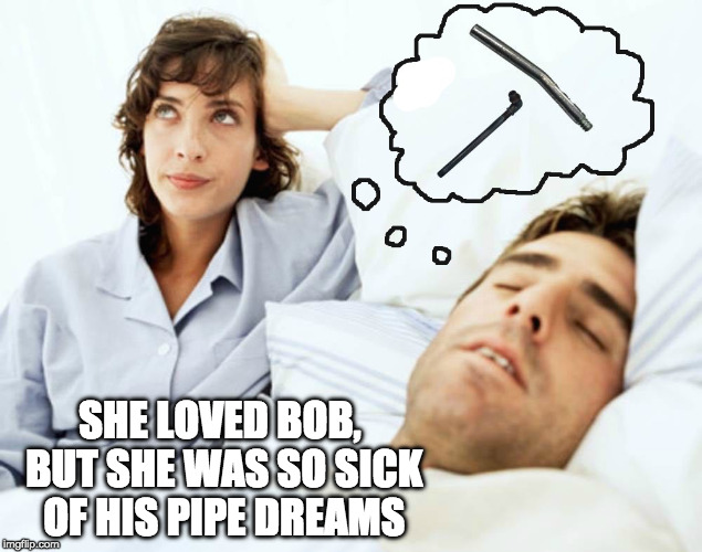 Punny!  :-P | SHE LOVED BOB, BUT SHE WAS SO SICK OF HIS PIPE DREAMS | image tagged in dreams,funny meme,puns | made w/ Imgflip meme maker