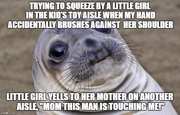 Awkward Moment Sealion Meme | TRYING TO SQUEEZE BY A LITTLE GIRL IN THE KID'S TOY AISLE WHEN MY HAND ACCIDENTALLY BRUSHES AGAINST  HER SHOULDER; LITTLE GIRL YELLS TO HER MOTHER ON ANOTHER AISLE, "MOM THIS MAN IS TOUCHING ME!" | image tagged in memes,awkward moment sealion,AdviceAnimals | made w/ Imgflip meme maker