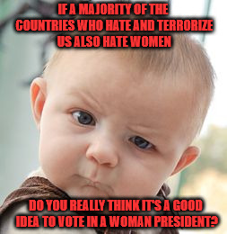 Hillary will only bring more terrorism. | IF A MAJORITY OF THE COUNTRIES WHO HATE AND TERRORIZE US ALSO HATE WOMEN; DO YOU REALLY THINK IT'S A GOOD IDEA TO VOTE IN A WOMAN PRESIDENT? | image tagged in memes,skeptical baby,hillary clinton,women,terrorism | made w/ Imgflip meme maker