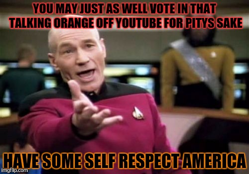 Picard Wtf | YOU MAY JUST AS WELL VOTE IN THAT TALKING ORANGE OFF YOUTUBE FOR PITYS SAKE; HAVE SOME SELF RESPECT AMERICA | image tagged in memes,picard wtf | made w/ Imgflip meme maker