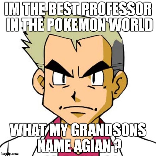 professor oak | IM THE BEST PROFESSOR IN THE POKEMON WORLD; WHAT MY GRANDSONS NAME AGIAN ? | image tagged in professor oak | made w/ Imgflip meme maker