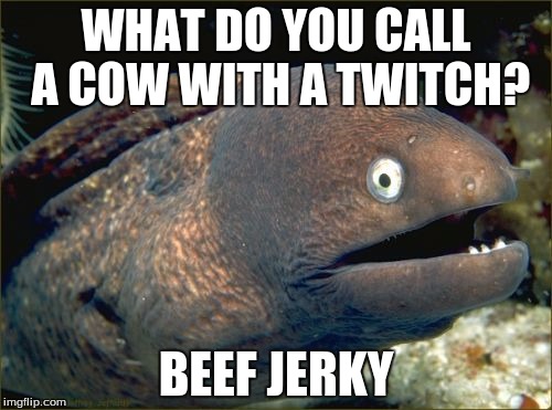 Bad Joke Eel | WHAT DO YOU CALL A COW WITH A TWITCH? BEEF JERKY | image tagged in memes,bad joke eel | made w/ Imgflip meme maker