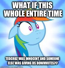 zomg rainbow dash | WHAT IF THIS WHOLE ENTIRE TIME; TEDCRUZ WAS INNOCENT AND SOMEONE ELSE WAS GIVING US DOWNVOTES?? | image tagged in zomg rainbow dash | made w/ Imgflip meme maker