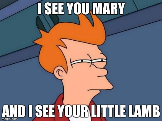 Futurama Fry | I SEE YOU MARY; AND I SEE YOUR LITTLE LAMB | image tagged in memes,futurama fry | made w/ Imgflip meme maker