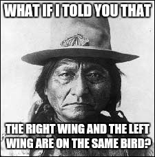 WHAT IF I TOLD YOU THAT; THE RIGHT WING AND THE LEFT WING ARE ON THE SAME BIRD? | image tagged in chief sitting bull | made w/ Imgflip meme maker