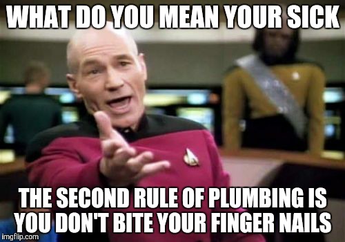 Picard Wtf | WHAT DO YOU MEAN YOUR SICK; THE SECOND RULE OF PLUMBING IS YOU DON'T BITE YOUR FINGER NAILS | image tagged in memes,picard wtf | made w/ Imgflip meme maker