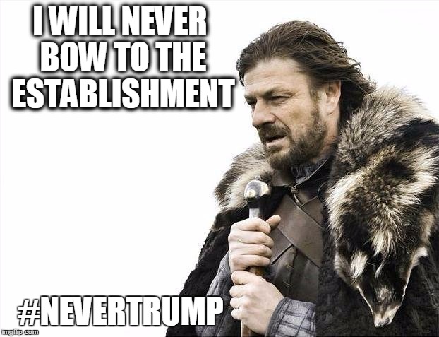 Brace Yourselves X is Coming | I WILL NEVER BOW TO THE ESTABLISHMENT; #NEVERTRUMP | image tagged in memes,brace yourselves x is coming | made w/ Imgflip meme maker