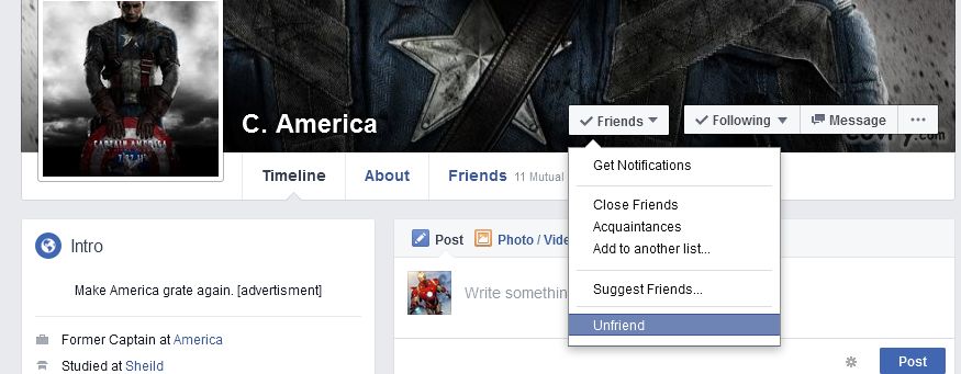 Unfriend Captain America Blank Meme Template