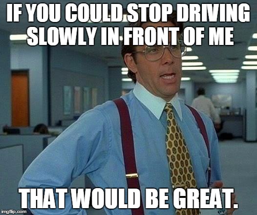 They speed to get in front of me then go grandpa speed | IF YOU COULD STOP DRIVING SLOWLY IN FRONT OF ME; THAT WOULD BE GREAT. | image tagged in memes,that would be great | made w/ Imgflip meme maker