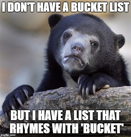 Confession Bear Meme | I DON'T HAVE A BUCKET LIST; BUT I HAVE A LIST THAT RHYMES WITH 'BUCKET' | image tagged in memes,confession bear | made w/ Imgflip meme maker