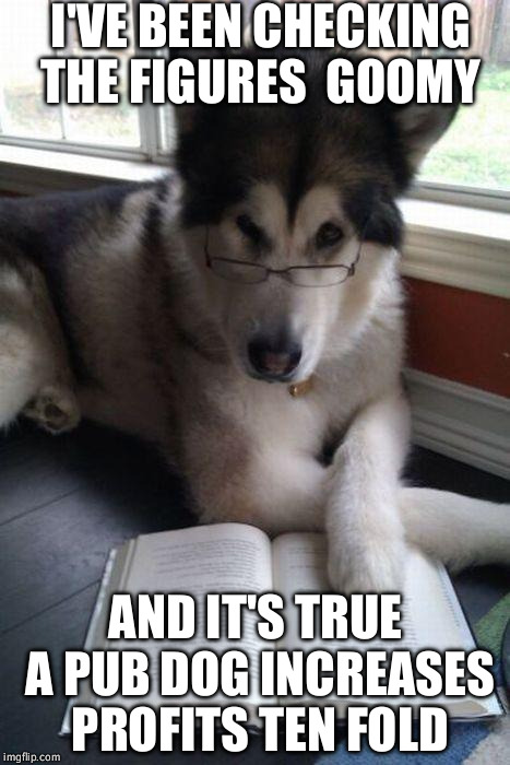 reading dog | I'VE BEEN CHECKING THE FIGURES  GOOMY; AND IT'S TRUE A PUB DOG INCREASES PROFITS TEN FOLD | image tagged in reading dog | made w/ Imgflip meme maker