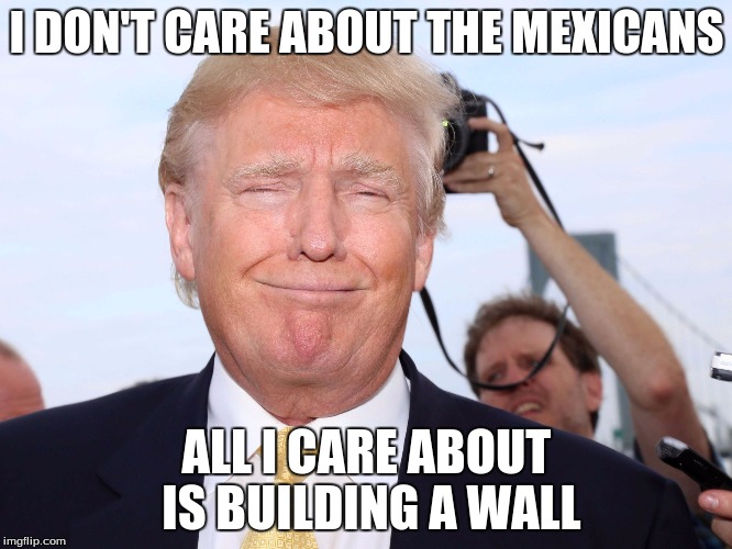 Trump | I DON'T CARE ABOUT THE MEXICANS; ALL I CARE ABOUT IS BUILDING A WALL | image tagged in trump | made w/ Imgflip meme maker