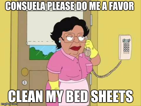 Consuela Meme | CONSUELA PLEASE DO ME A FAVOR; CLEAN MY BED SHEETS | image tagged in memes,consuela | made w/ Imgflip meme maker