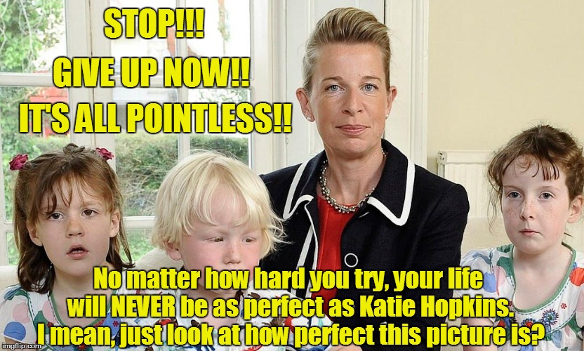 STOP!!! GIVE UP NOW!! IT'S ALL POINTLESS!! No matter how hard you try, your life will NEVER be as perfect as Katie Hopkins. I mean, just look at how perfect this picture is? | image tagged in katie hopkins | made w/ Imgflip meme maker