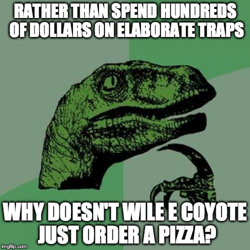 Philosoraptor | RATHER THAN SPEND HUNDREDS OF DOLLARS ON ELABORATE TRAPS; WHY DOESN'T WILE E COYOTE JUST ORDER A PIZZA? | image tagged in memes,philosoraptor | made w/ Imgflip meme maker