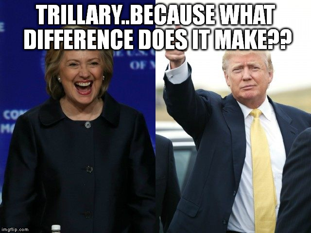 Trump and Hillary | TRILLARY..BECAUSE WHAT DIFFERENCE DOES IT MAKE?? | image tagged in trump and hillary | made w/ Imgflip meme maker