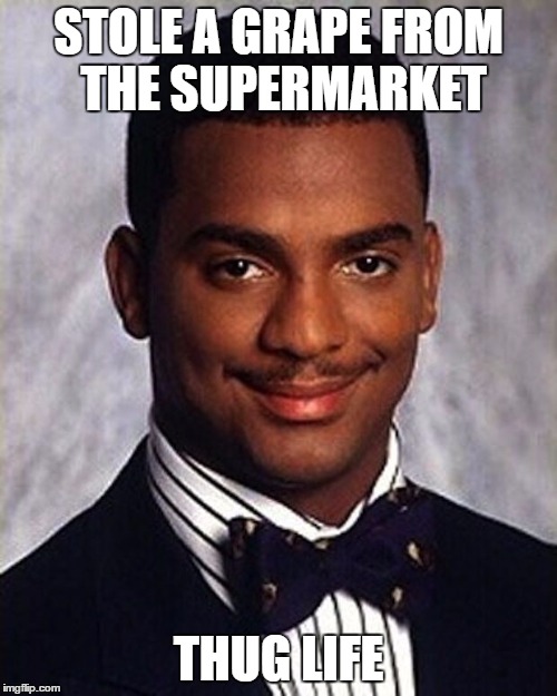 Carlton Banks Thug Life | STOLE A GRAPE FROM THE SUPERMARKET; THUG LIFE | image tagged in carlton banks thug life | made w/ Imgflip meme maker